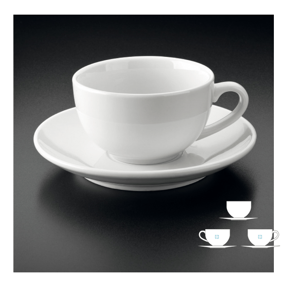 Tazas de café y plato blancos de porcelana